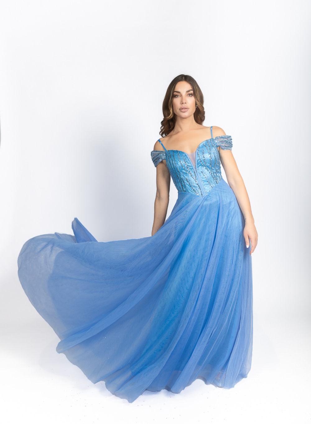 Pauline - Γοητευτική τουαλέτα με off-shoulder σχέδιο και λάμψη πριγκίπισσας - Γαλάζιο